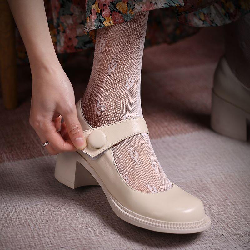 Single Shoes Women's Early Spring Retro Round Toe Thick Heel Mary Jane Shoes Female College Style Big Toe Shoes