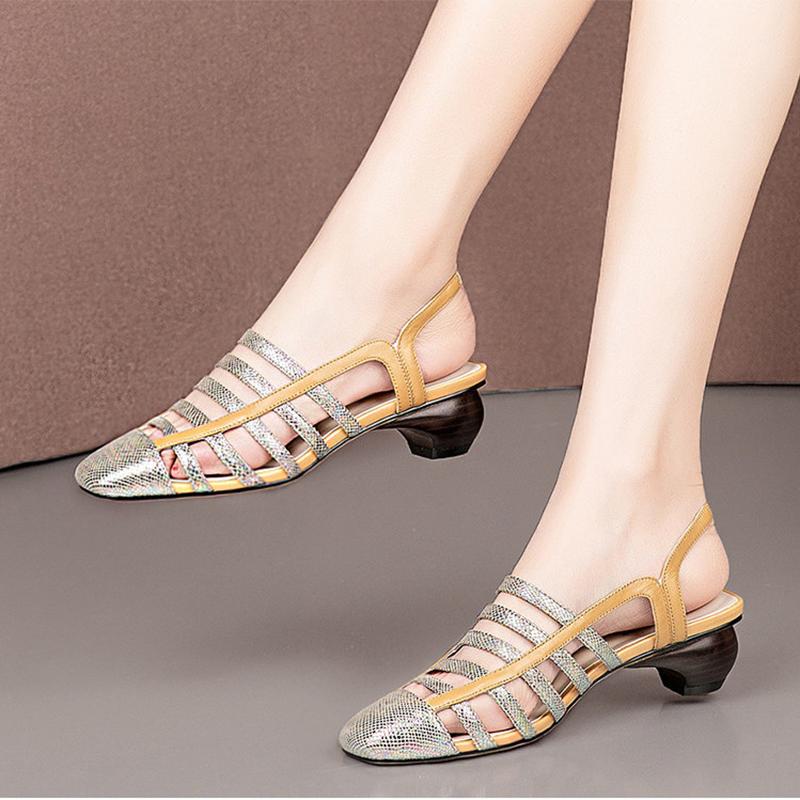 Baotou Sandals Women's Thick and Summer Low-heeled Single Shoes Hollow Color Matching Large Size Women's Shoes