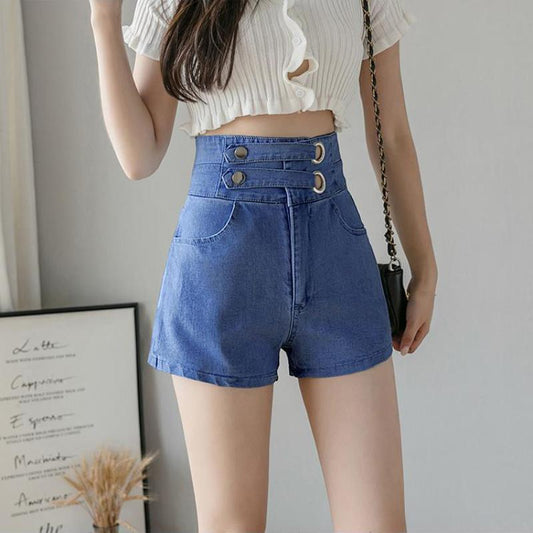 Fashion All-match Super High Waist Stretch Jeans Women Summer Loose High Waist Thin A-line Shorts