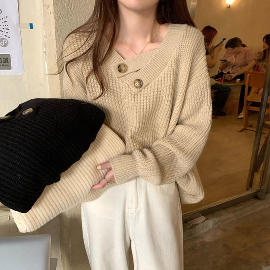 Women's V-neck Sweater Autumn and Winter Loose Outer Wear Lazy Style Solid Color Knit Sweater Pullover Mid-length Top