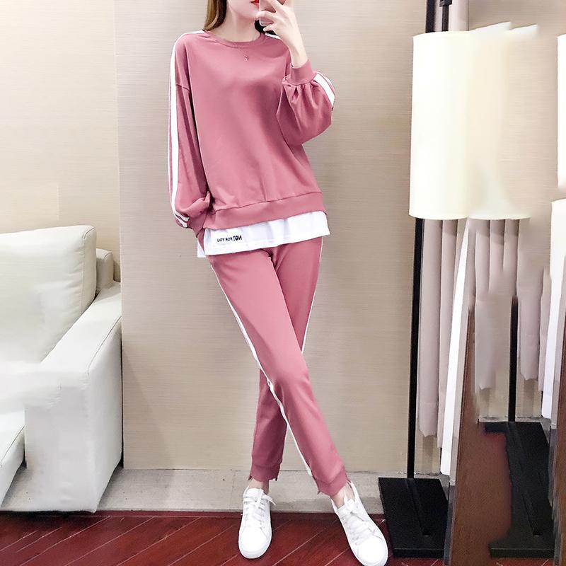 Large Size Thin Sports Suit Female Casual Two-piece Round Neck Long-sleeved Shirt + Casual Sports Pants Loose and Comfortable