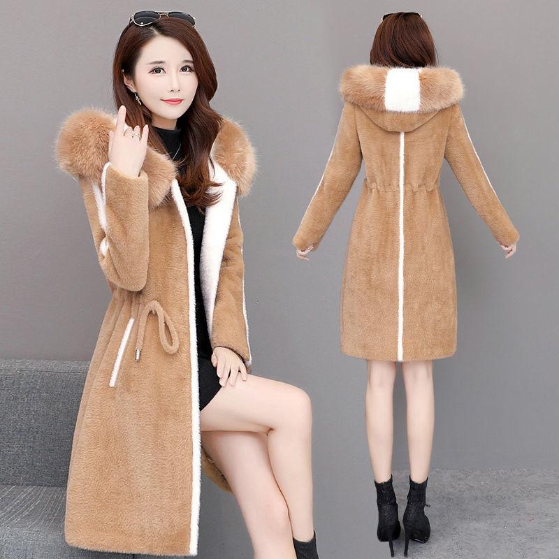 Winter Faux Woolen Coat Women's Long Thick Warm Hooded Coat Slim Plus Size Overcoat with Faux Mink Fur Collar