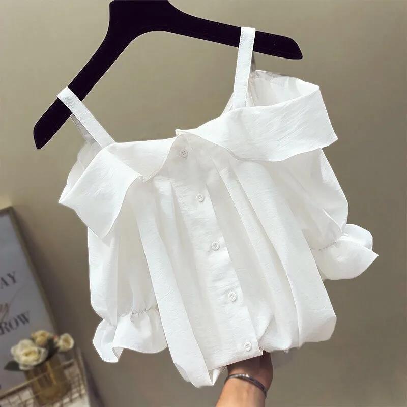 Sling One-shoulder Blouse Women's Ruffled Mid-sleeve Off-shoulder Shirt Chiffon Shirt Off-shoulder Sling Shirt Sweet and Cute
