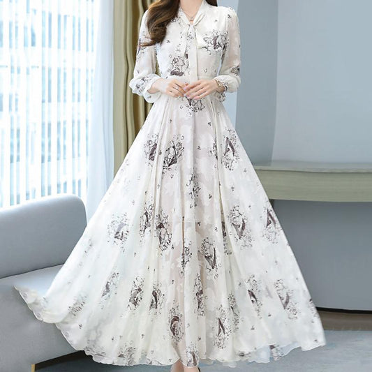 Chiffon Jacquard Long-sleeved Dress Spring and Autumn Models Waist Beach Big Swing Bow Long Skirt Women's French Retro Long Skirt Temperament