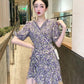 Women's Summer Floral Dress V-neck Slim Puff Sleeve Skirt