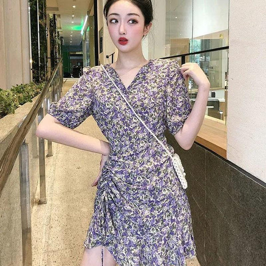 Women's Summer Floral Dress V-neck Slim Puff Sleeve Skirt