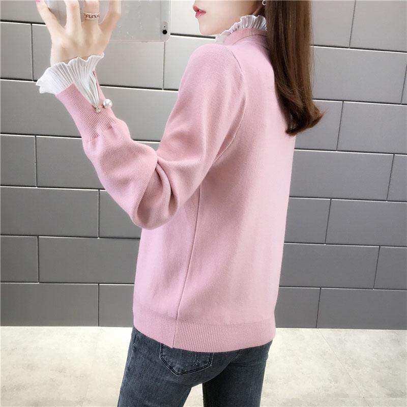 Plus Velvet Thick Warm Sweater Women  Ruffles Lace Stitching Collar Pullover Sweater Short Stretchable Slim Knitwear Jumper