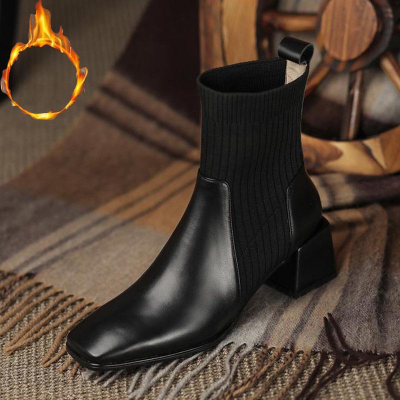 Chelsea Boots Martin Boots Women Autumn and Winter Elastic Boots Leather Snow Boots Plus Velvet Cotton Boots Winter Boots