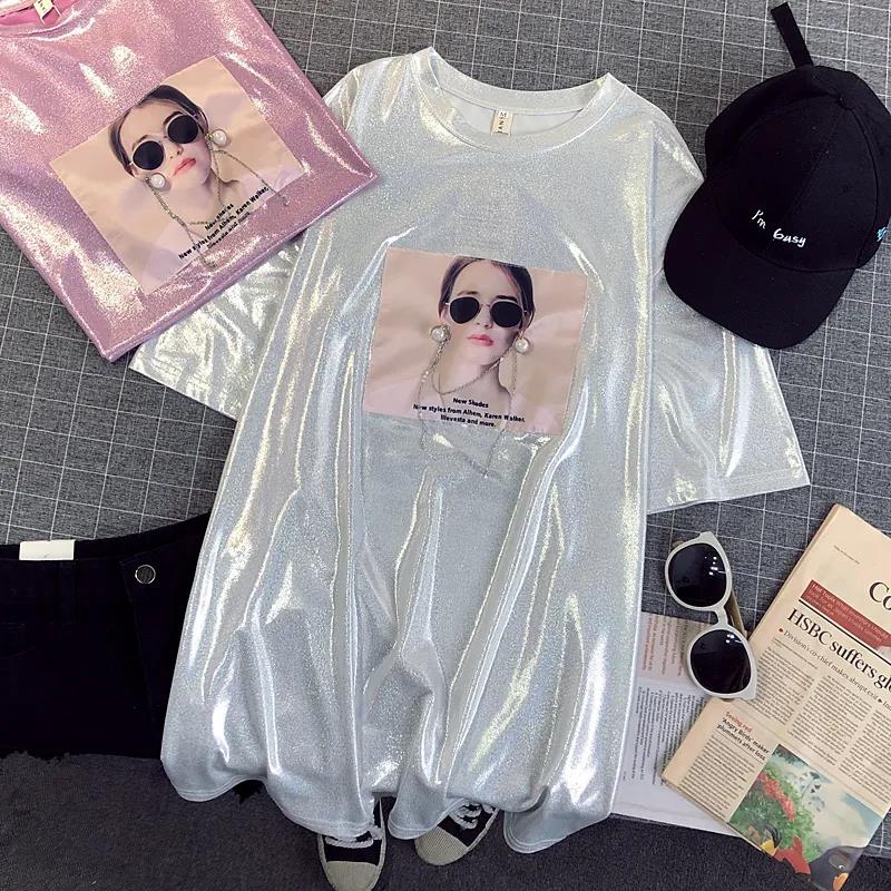 Shiny Women Long T-shirt Dress Girl Loose O-Neck Casual Big Loose Home Comfort Outer Convenient