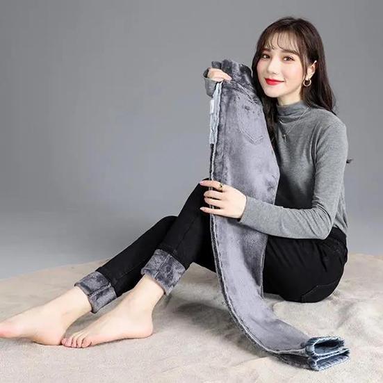 Women's Winter High Waist Plush Jeans Female Large Size Elastic Slim Pants Casual Warm Long Pencil Pants