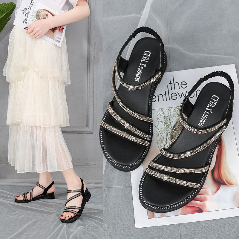 Sandals Female 2020 Roman Shoes Casual Women Summer Korean Flat Bottom Wear Rhinestone Fairy Wild Fashion Non-slip Pointed Leather Shoes