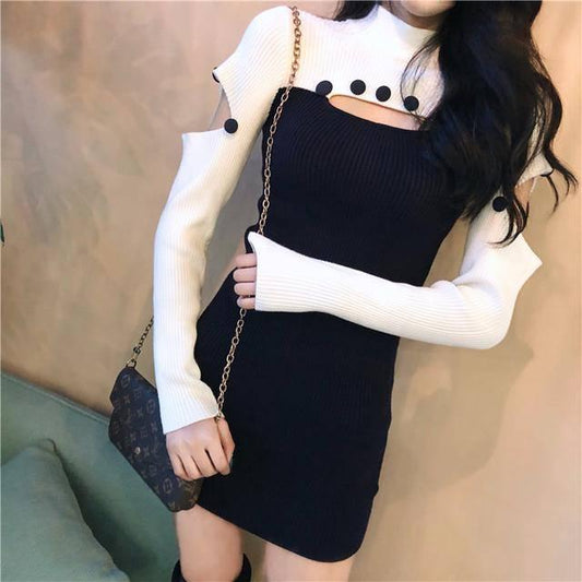 Autumn and Winter New Half-necked Knit Dress Female Short Skirt Bottoming Sweater Skirt Sexy Skirt