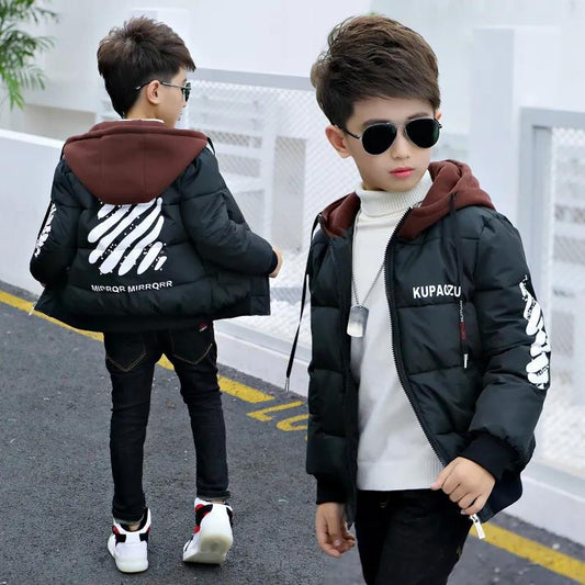 Boys' Jacket Autumn and Winter Models In The Big Boy To Overcome The Korean Version of The Plus Velvet Thick Coat Solid Color Warm Cotton Jackets