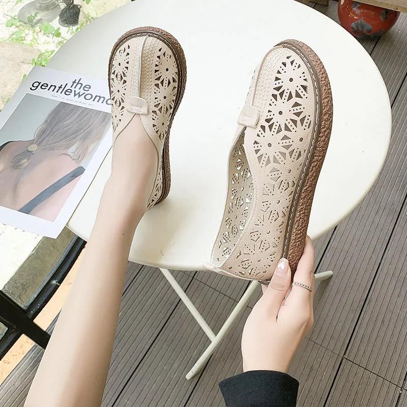 Retro Hollow Round Toe Thick Bottom Big Toe Shoes Cotton and Linen Comfortable Casual All-match Doll Shoes Sandals Women's Moccasin Shoes