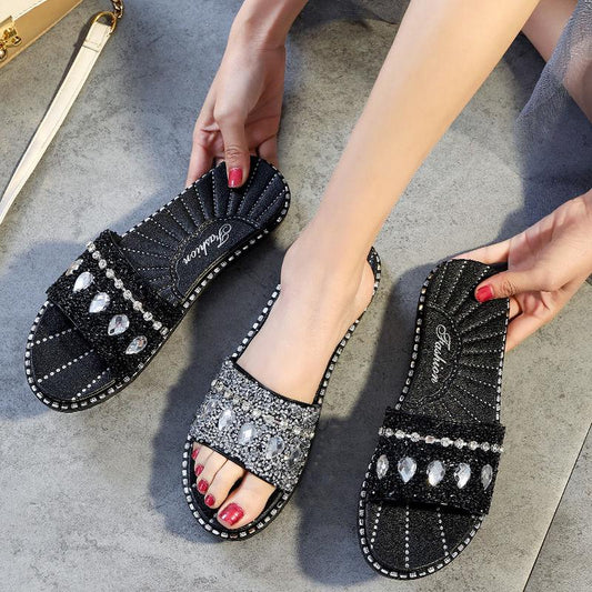 2020 Slippers Female Summer Korean Version Wild Fashion Cool Water Drop Flash Diamond Flat Bottom Non-slip Word with Sandals