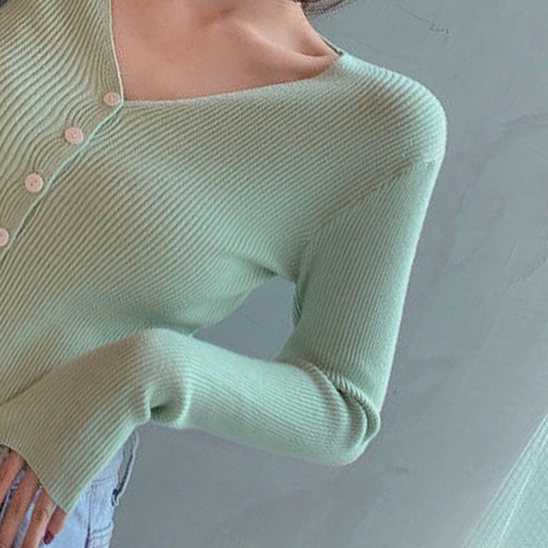 V-neck Solid Color Button Long-sleeved Knitted Bottoming Shirt Tops Women Spring and Autumn New Slim All-match Cardigan Casual Jacket