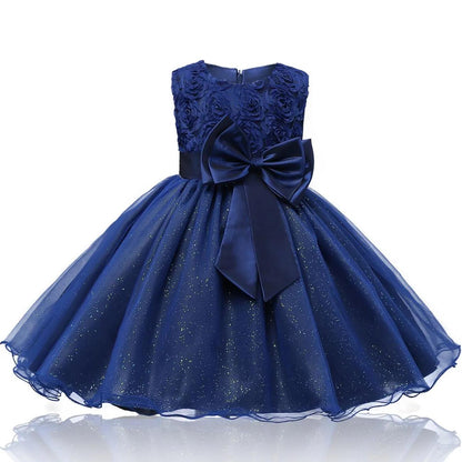 Girls Dress Net Gauze Tutu Skirt Rose Flower Bow Little Princess Birthday Show Dress