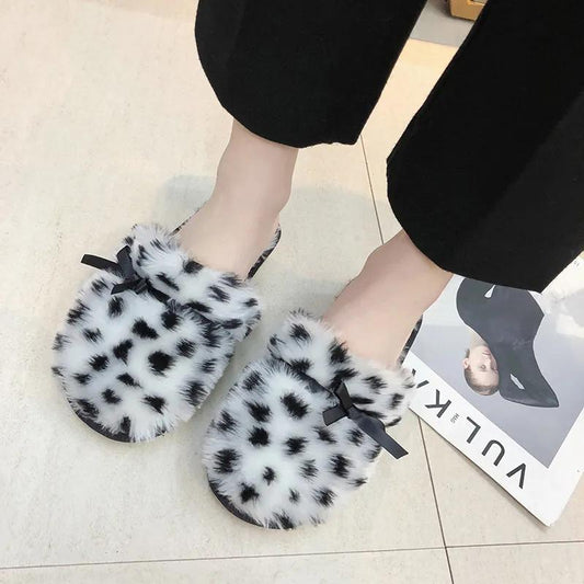 Women Slippers Fur Warm Winter Slipper Leopard Bow Furry Shoes Ins Kawaii Ladies Soft Winter Slide Plus Size 41