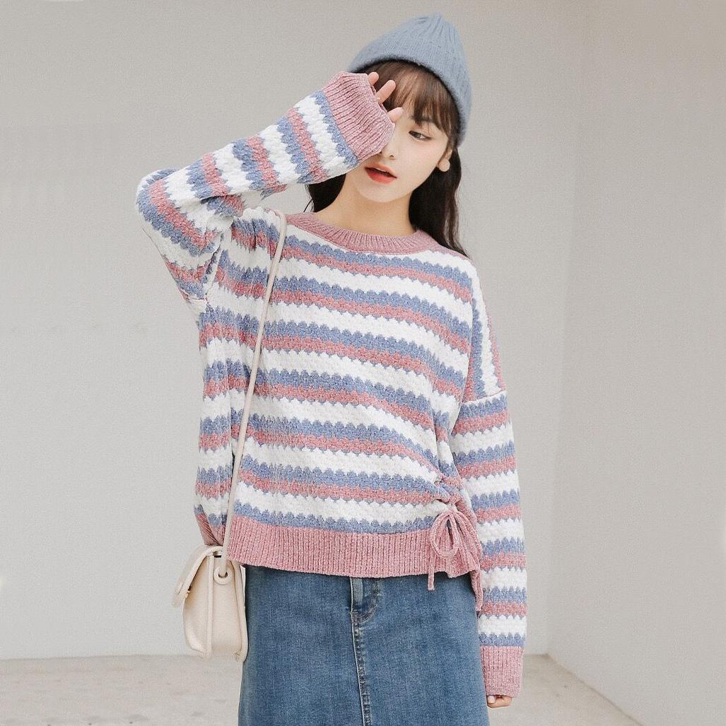 Autumn Winter Women Stripe Knitting Sweaters Korean O-Neck Loose Casual Jumpers Long Sleeve Pullover Tops Girls Sweet Warm Sweater Soft Knitwear Coat
