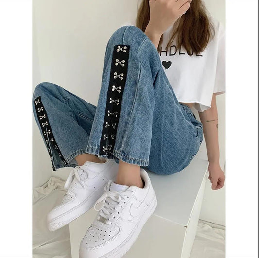 Large Size Slit-breasted Jeans Women's Loose Fat Sister High Waist Straight Thin Wide Leg Long Pants