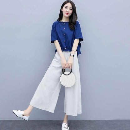 Cotton and Linen Large Size Loose Round Neck Short-sleeved Shirt Casual Wide-leg Pants Two-piece Fabric Lightweight Breathable Large Size Ladies Suit