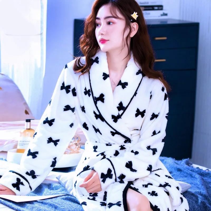 Women's Autumn Winter Thickened Coral Fleece Nightgown Robe Long Sleeves Flannel Bathrobe Plus Fleece Nightgown Large Size Bathrobe Sleeping Suit