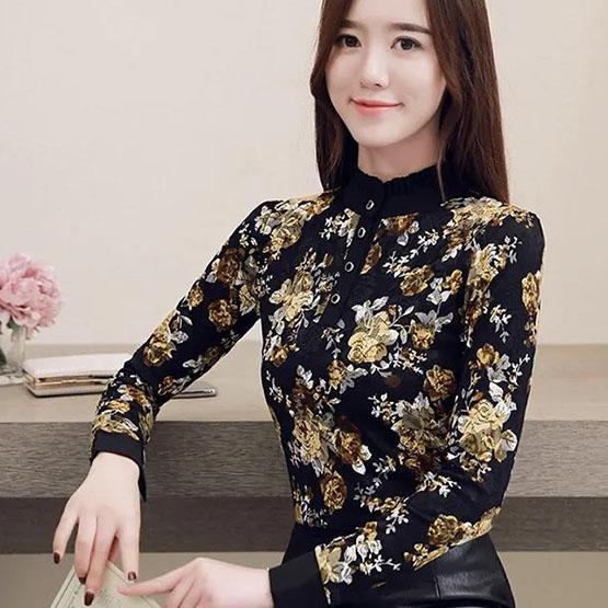 Women's Autumn Floral Printed Blouses Plus Size Thin Plush Tops Female Witner Long Sleeve Blouse