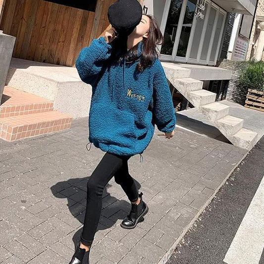 Autumn and Winter Lamb Wool Sweater Female Students Loose Long-sleeved Jacket Hooded Sweater Women