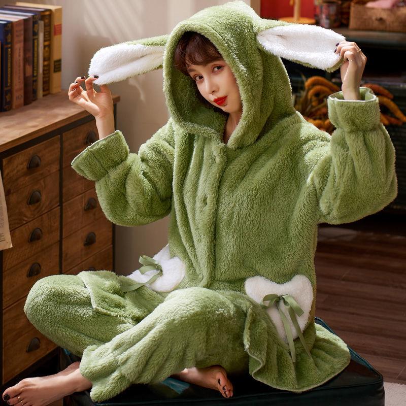 Christmas Pajamas Party Hooded Pajamas Ladies Cute Bathrobe Thickening Plus Velvet Coral Velvet Long Night Gown Home Service Suit Autumn and Winter
