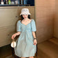 Women's Summer Puff Sleeve Dress Slim Solid Color V-neck A-line Skirt