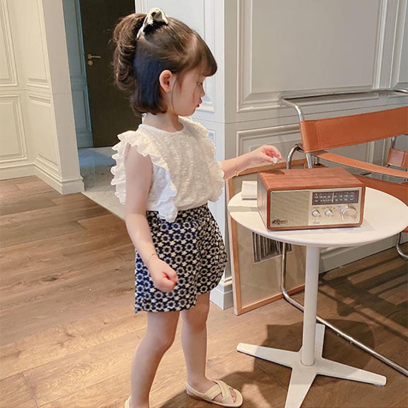 Girls' Summer Dress Foreign Style Shirt Baby Girl Round Neck Flower Shirt Korean Lace Sleeveless Top