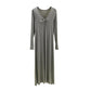 Women's Korean Version Simple and Comfortable Slim Long Sleeve V-Neck Long Solid Color Thin Bow Dress