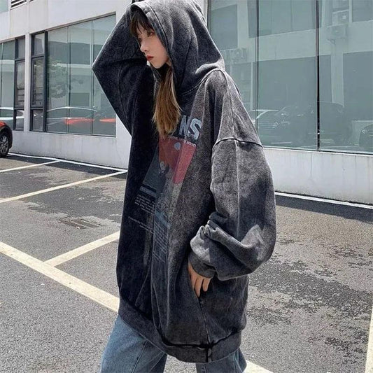 Retro Dark Style Old Hooded Sweater Men and Women with The Same Style Oversize Loose Casual Pullover Sweatshirts