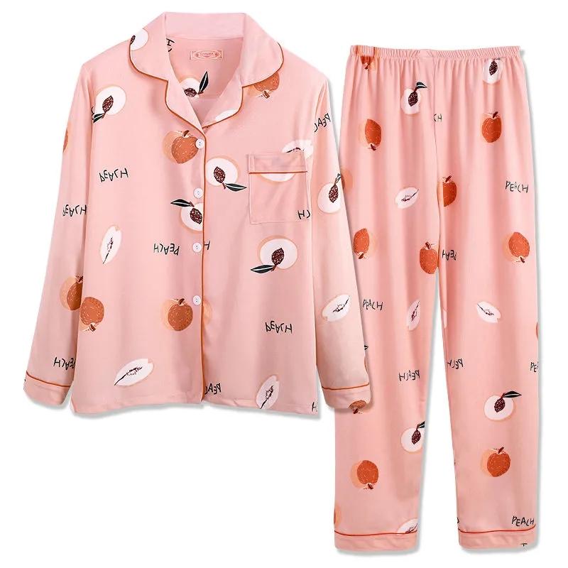 Women  Pajamas Set Cute Pyjamas Suit Turn-down Collar Sleepwear Long Sleeve Home Wear Casual Loose Nightwear Cartoon Night Shirt Top and Pants Sets