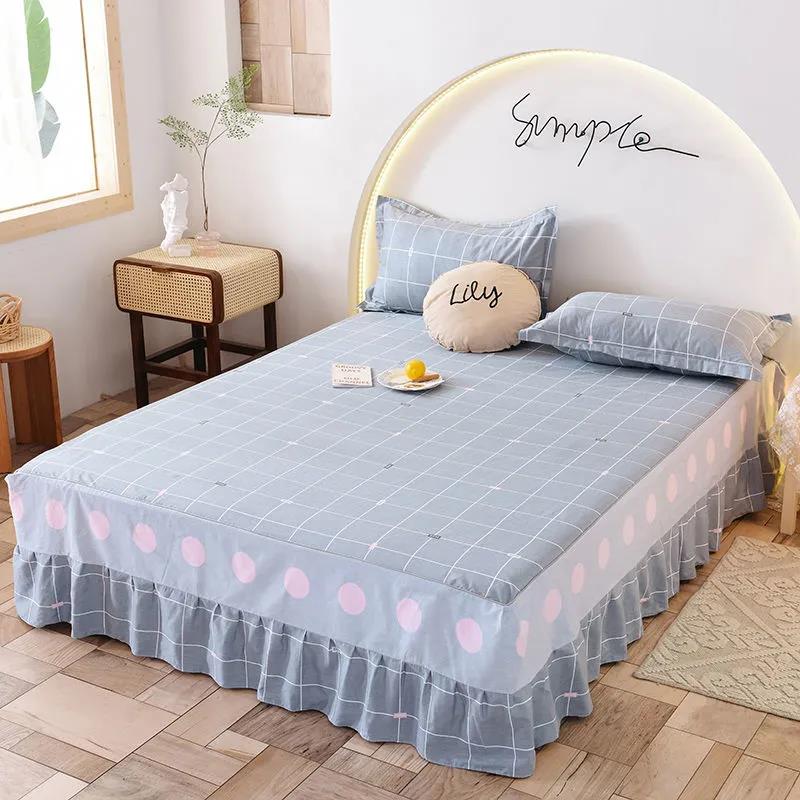 Bedding Cotton Bedroom Mattress Cover Korean Print Lace Mattress Anti-slip Protection Dust Cover