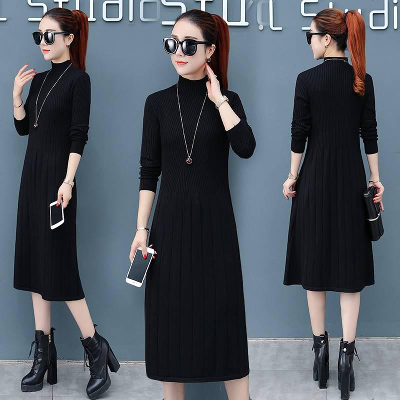 Elegant Half-high collar Split Midi Dress Women Knitted Sweater Dress Button Long Sleeve  Dress