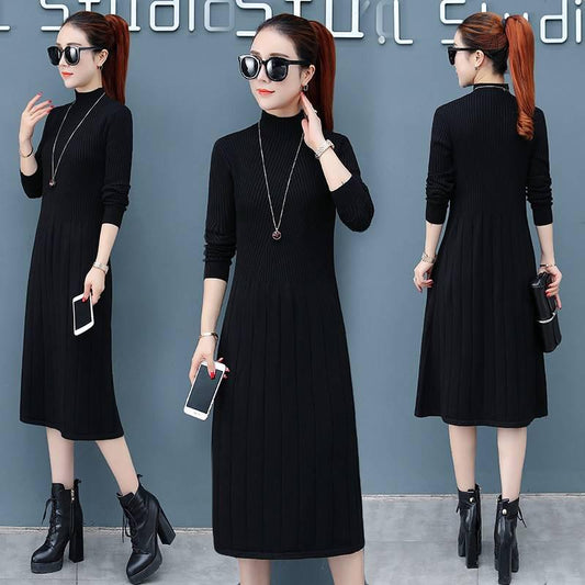 Elegant Half-high collar Split Midi Dress Women Knitted Sweater Dress Button Long Sleeve  Dress