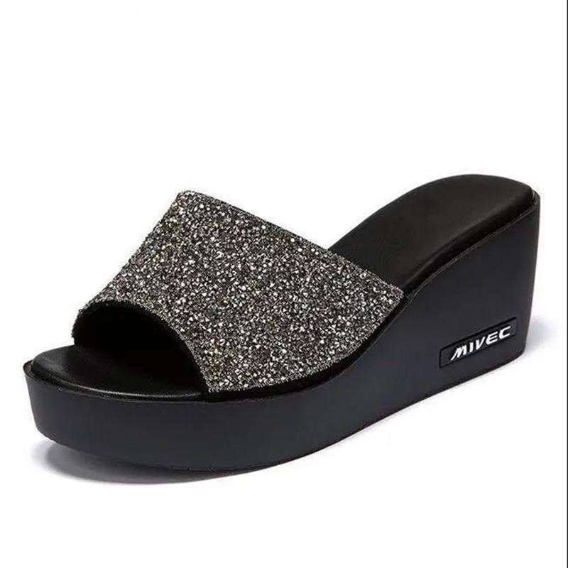 Outer Wear Thick-soled Ladies Wedge Sandals High-heeled Flip-flops Platform Shoes Black Sequined Fish Mouth High-heeled Sandals
