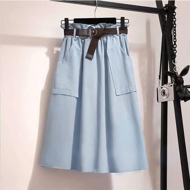 High Waist Midi Skirts Solid Pockets A-Line Casual Ladies Bottoms Trendy Female Skirts with Sashes 2020 for Women