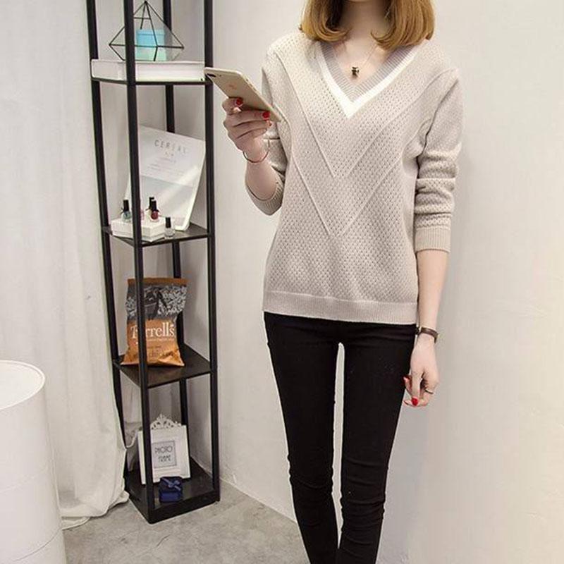 Pofulove Pullover Sweater Women V- Neck Soft Hollow Knitted Winter Knitwear Pull Femme Sweaters Tops