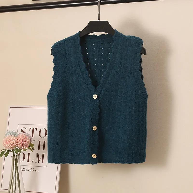 Wool Knitted Vest Women's Vest Spring and Autumn Loose Short Wave Side Single-breasted Hollow Sweater Small Cardigan