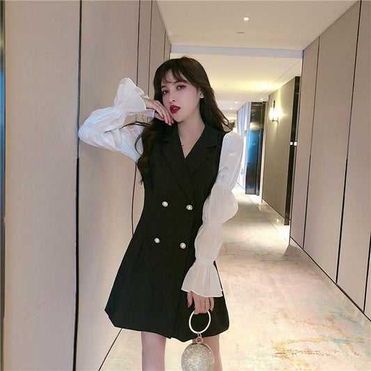 Temperament A-line Dress Spring and Autumn New Suit Skirt Temperament Puff Sleeves Long-sleeved Waist Dress Women's Summer