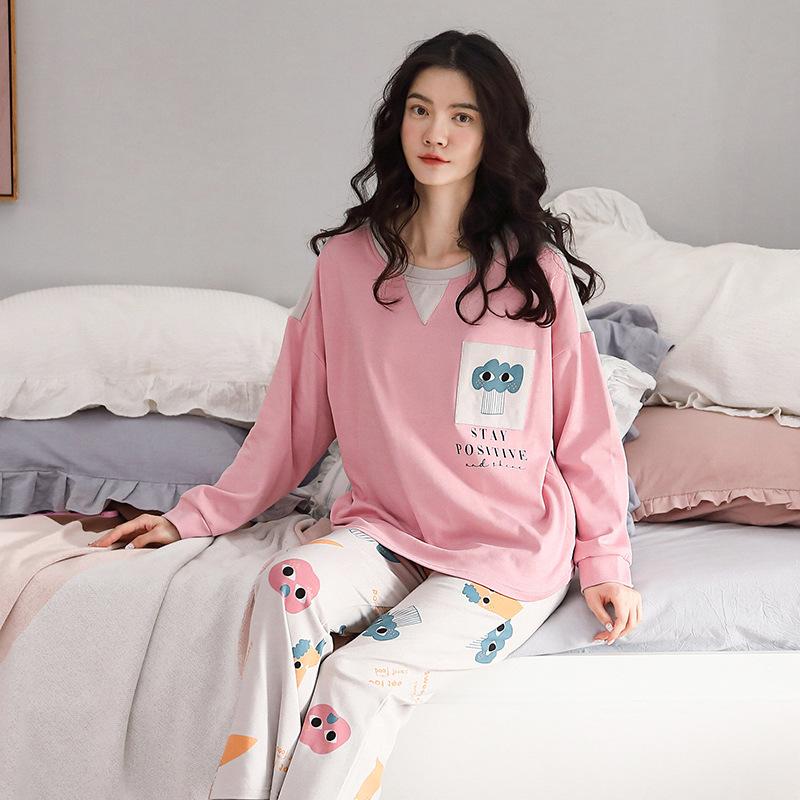 Women Pajamas Set Long Sleeve Pyjamas Suit Spring Autumn Sleepwear Winter Home Wear Loose Casual Pullover Round Neck Cute Nightwear Tops Pants