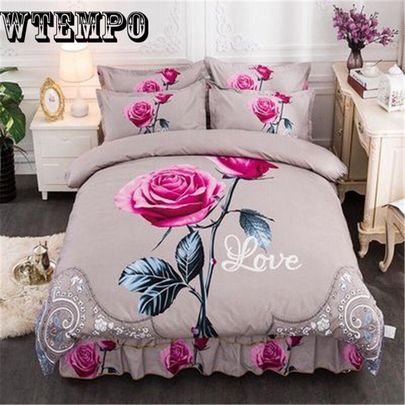 Cotton Lace Fabric Luxury Flower Wedding Bed Skirt Pillowcase King Queen Size Bedding Sets