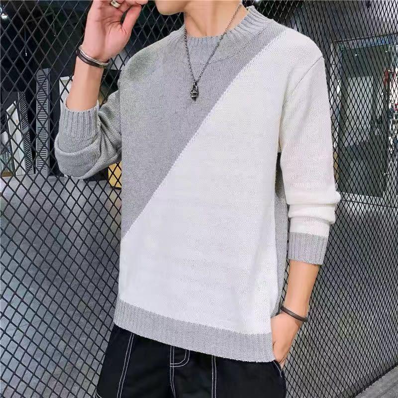 Splicing Color Slim Men's Knit Jacket Long Sleeve Round Neck Fashion Sweater Casual Low Collar Blouse