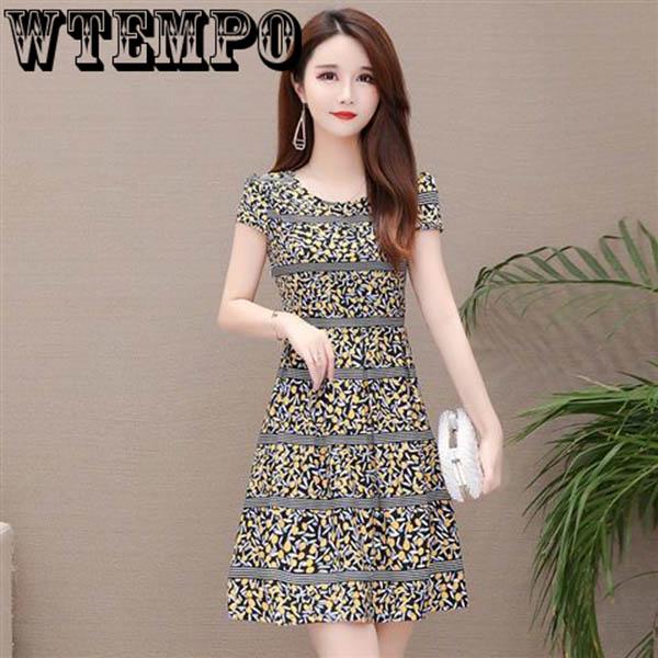 WTEMPO Brand Female Summer Long Section Short-sleeved Floral A-line Skirt Fashion Slim Dress
