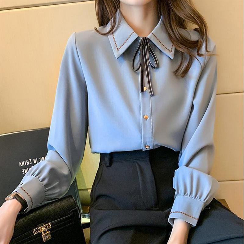 Chiffon Shirt Solid Color Bow Tie Lapel Shirt Ladies Versatile Long Sleeve Bottoming Shirt Commuter