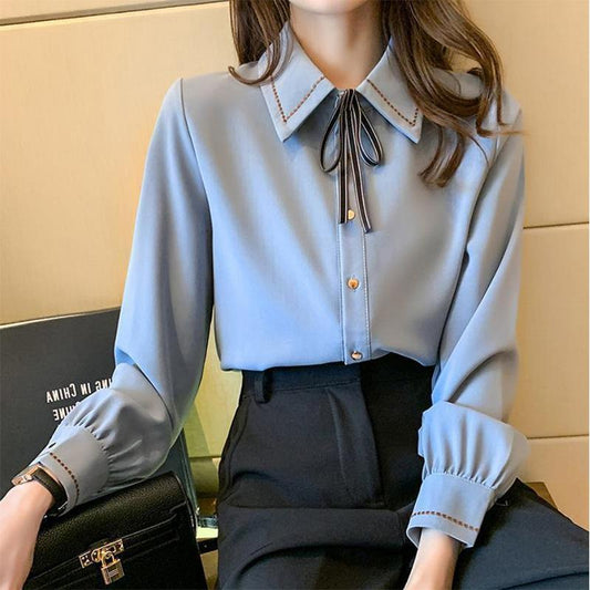 Chiffon Shirt Solid Color Bow Tie Lapel Shirt Ladies Versatile Long Sleeve Bottoming Shirt Commuter