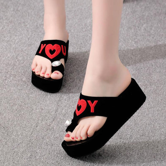 Love Sandals and Slippers Women's Rhinestone Sponge Cake Thick-soled High-heeled Flip-flops Casual Beach Sandals Cute Sexy Sandals