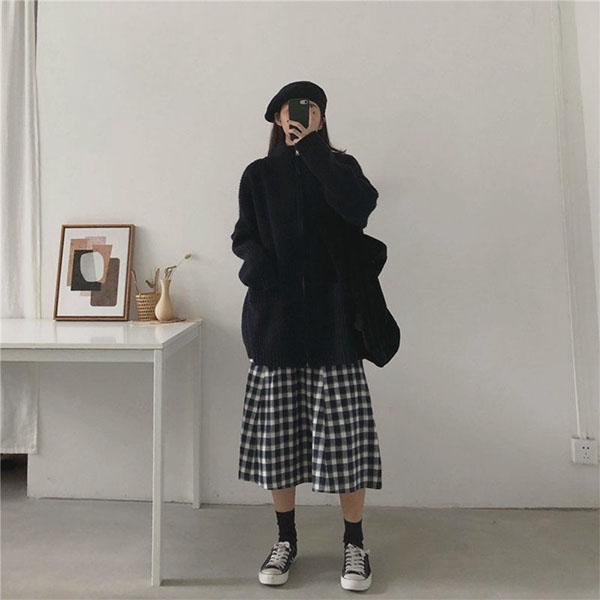 Autumn and Winter Students Loose and Versatile Lazy Knit Cardigan Zipper Jacket Sweater Women